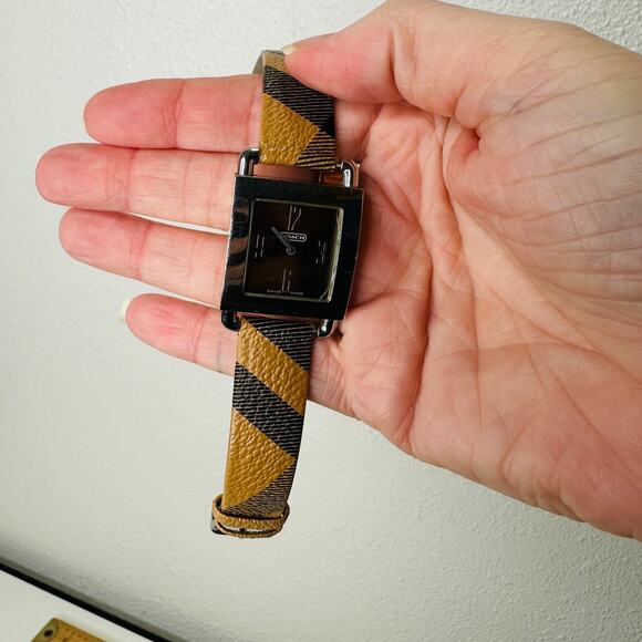Coach Silver Square Bronze Face Watch Tan Plaid Watchband - Picture 7 of 14